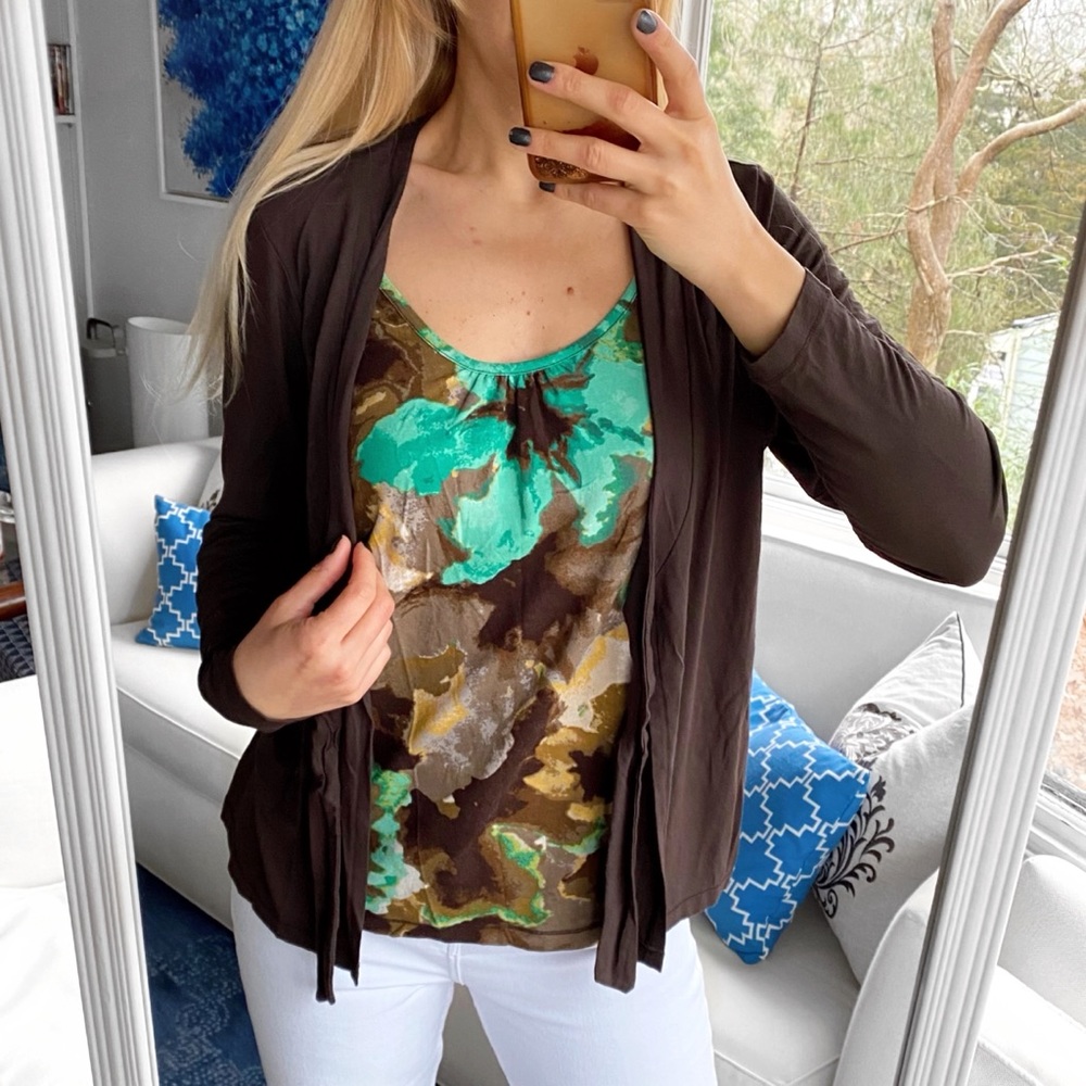 🤎 OLSEN BROWN BLUE GREEN MULTI 2-in1 FRONT TIE LONG SLEEVE PULLOVER TOP!